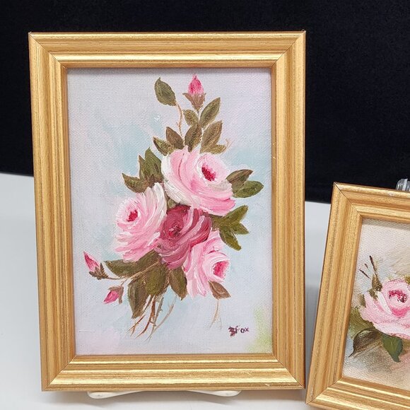 Vintage Framed Pink Rose Oil Paintings By B. Fox Set Of 2 - Picture 3 of 12